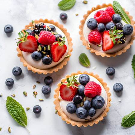 Mini tartlets with fresh berries and mint on a white background.の素材