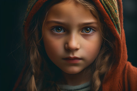 Portrait of a little girl in a warm sweater with a hoodの素材