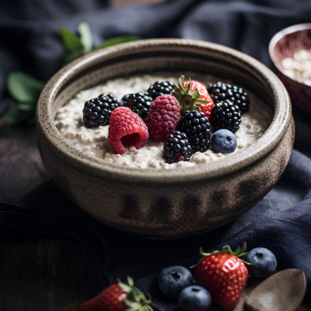 Oatmeal porridge with fresh berries in a bowl. Healthy breakfast.の素材