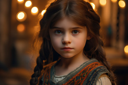 Portrait of a beautiful little girl in a knitted sweater.の素材