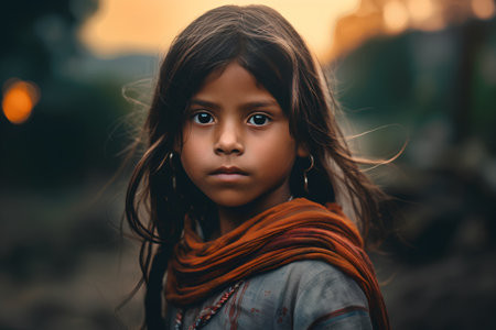 Portrait of a little indian girl in the village. Indiaの素材