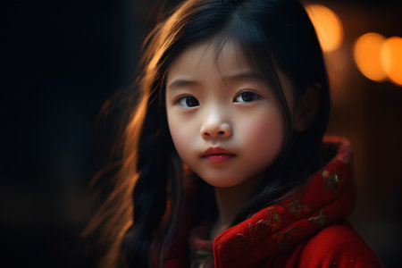 Portrait of asian little girl with red coat in the eveningの素材