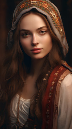 Portrait of a beautiful young woman in a medieval costume. Vintage style.の素材