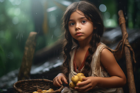 Cute little girl with basket of yellow lemons in rainforestの素材
