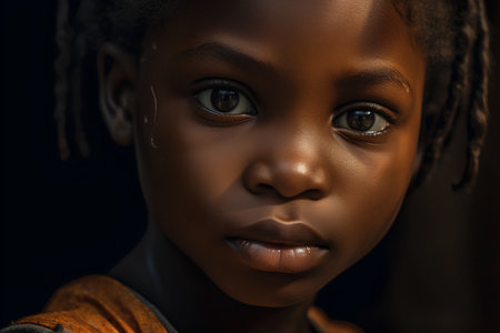 Portrait of a cute little african american girl on black backgroundの素材