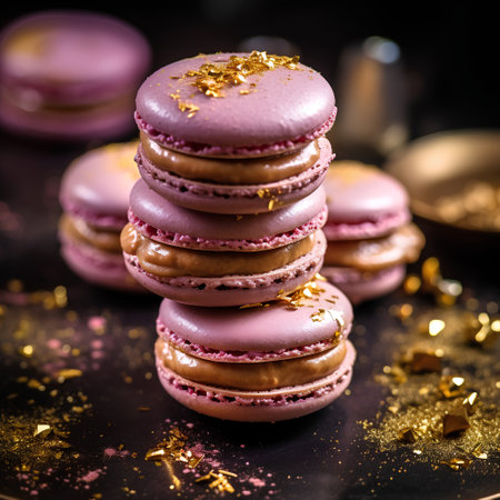 Macaroons with golden glitters on a black background. Toned.の素材