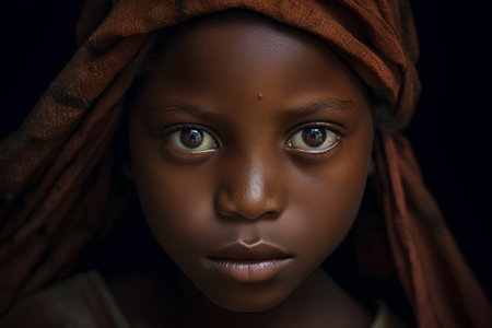 Portrait of a beautiful African woman with a red scarf on her headの素材