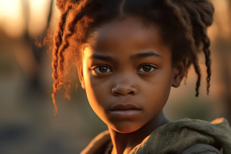 Close up portrait of a beautiful african american woman at sunsetの素材