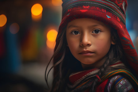 Portrait of a little girl in a colorful shawl.の素材