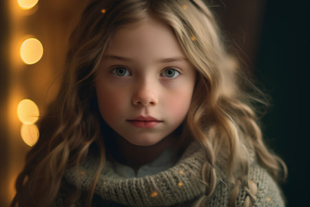 Portrait of a beautiful little girl with long blond curly hair in a warm knitted sweater.の素材