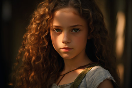 Portrait of a beautiful girl with long curly hair. Close-up.の素材