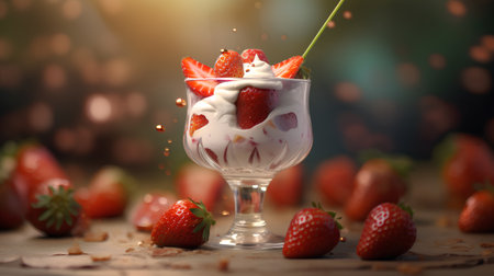 Strawberry dessert in a glass with cream and strawberries on a wooden tableの素材