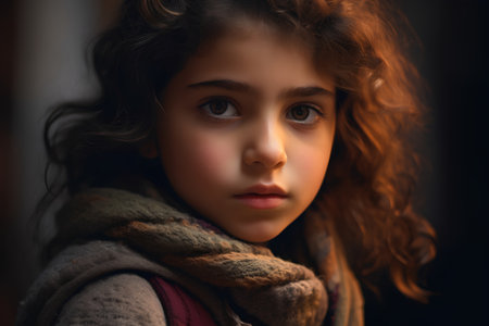 Portrait of a little girl with curly hair in a warm scarf.の素材