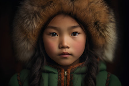 Portrait of a little girl in a fur coat and hood.の素材