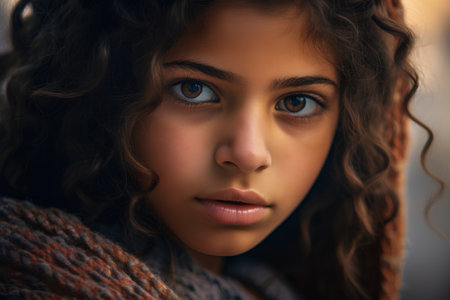 Portrait of a beautiful young woman with curly hair and blue eyes.の素材