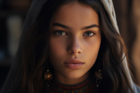 Portrait of a beautiful young brunette woman in a hood.の素材