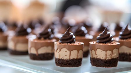 Chocolate cake with cream on top, shallow depth of field.の素材