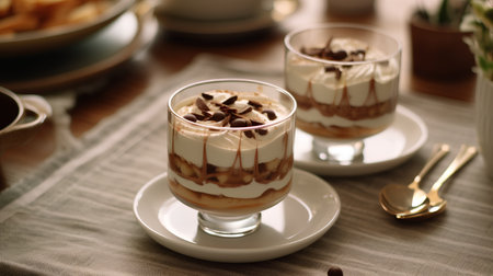 Dessert tiramisu in a glass on a wooden table.の素材