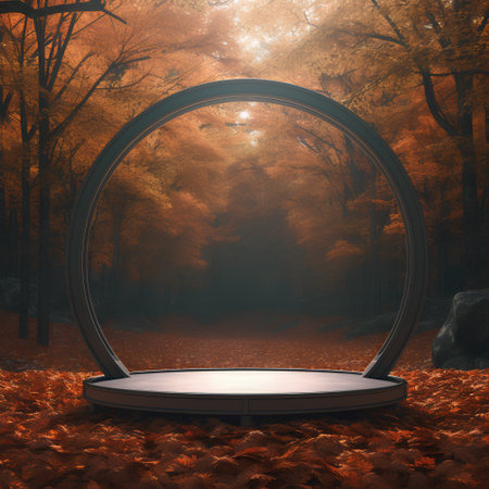 3D render of a fantasy landscape with a round stage in an autumn forestの素材