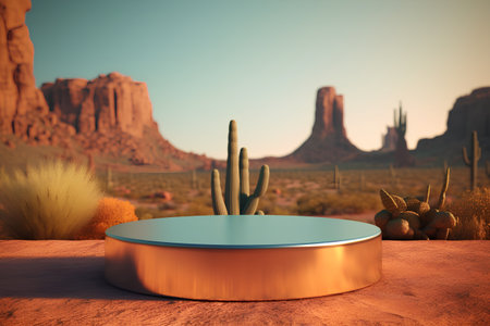 Round podium with cactuses in the desert. 3d renderの素材