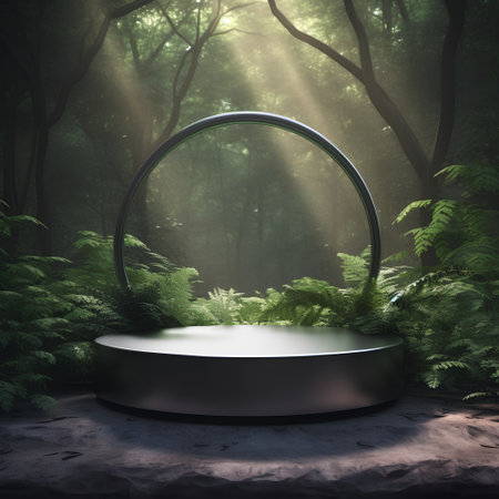 Black podium in the forest. 3D render. Natural background.の素材