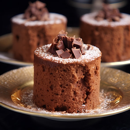 Chocolate cake with icing sugar on a dark background. Selective focus.の素材