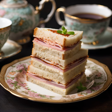 sandwich with ham and cheese on a plate with a cup of teaの素材