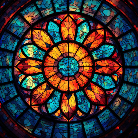 Colorful stained glass window in Notre Dame de Paris, France.の素材