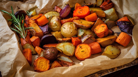 Roasted vegetables on a baking sheet. Selective focus. Toned.の素材