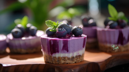 Blueberry muffins with fresh berries on a wooden board, selective focusの素材
