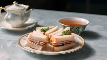 sandwiches with ham and cheese served with tea on the tableの素材
