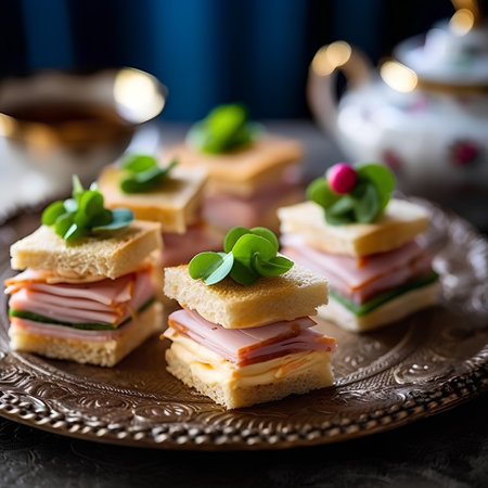 Variety of sandwiches with ham, cheese and herbs, selective focusの素材