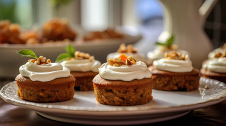 Cupcakes with whipped cream and walnuts, selective focus.の素材