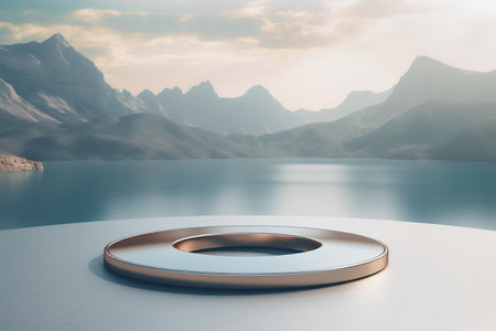 3d render of abstract scene with round podium in the lake.の素材