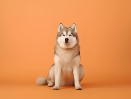 Cute siberian husky dog sitting on orange background.の素材