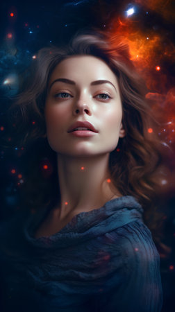 Portrait of a beautiful young woman with long wavy hair.の素材