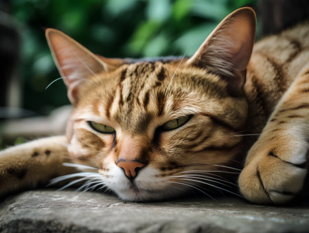 Close up portrait of cat sleeping on cement floor in the garden.の素材