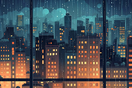 Night cityscape with skyscrapers and rain. Vector illustration.の素材