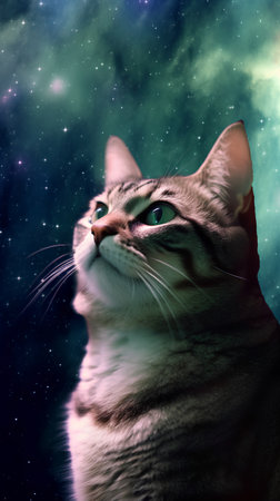 Portrait of a beautiful cat with green eyes. Space background.の素材