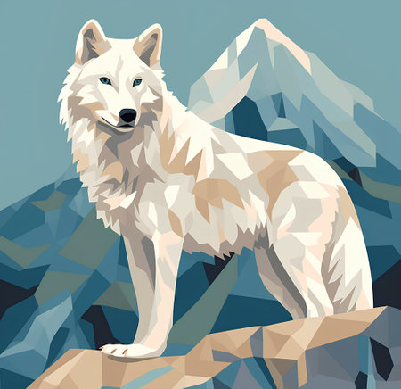 White wolf on the background of mountains. Vector illustration in a flat style.の素材