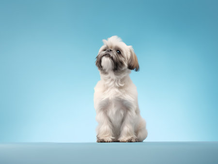 Cute little shih tzu dog sitting on blue studio backgroundの素材