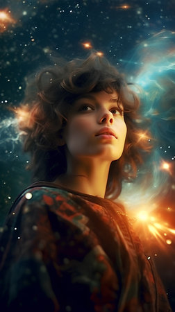 Portrait of a beautiful girl with long curly hair. Fantasy image.の素材