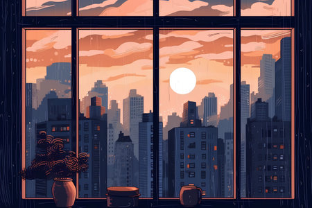 Window view of the city at sunset. Vector illustration in flat styleの素材