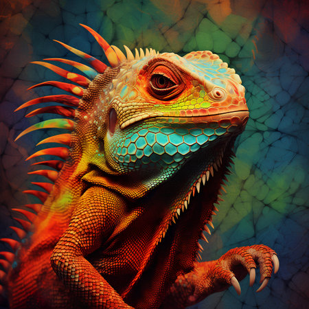 3d rendering of a colorful iguana on a grunge backgroundの素材