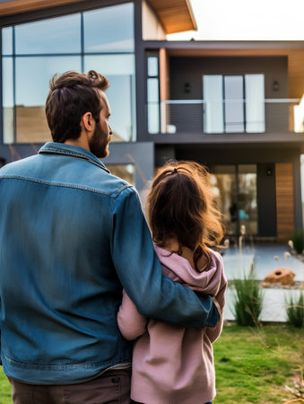 rear view of father and daughter hugging each other in front of new houseの素材