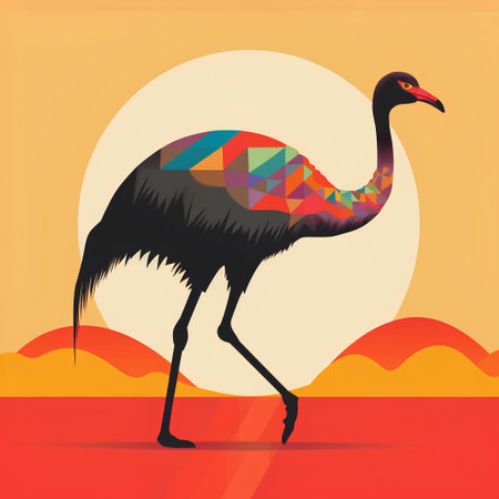 African ostrich flat vector illustration. African ostrich on sunset background.の素材