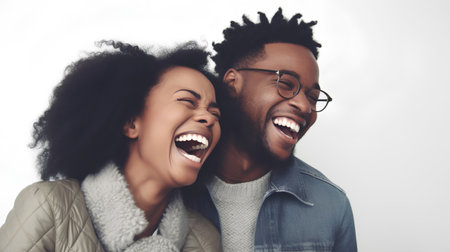 Happy african american couple laughing together on white background. Emotions and love conceptの素材
