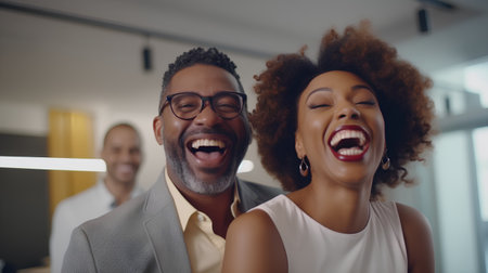 Portrait of happy african american businesspeople laughing together in officeの素材
