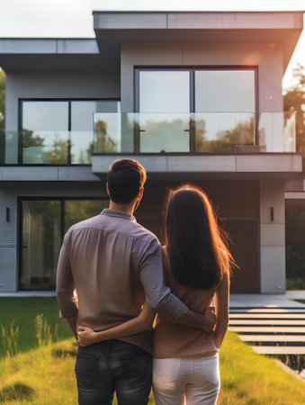 Young couple in front of a new modern house. Back view.の素材