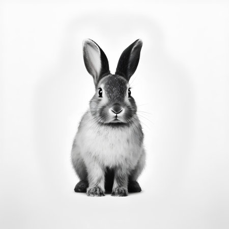 Rabbit isolated on white background. Black and white portrait of rabbit.の素材